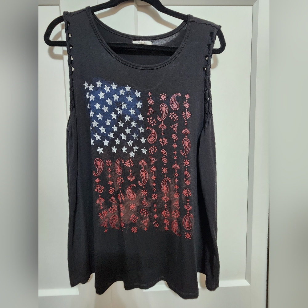 Maurices Black Sleeveless Tee with American Flag Design